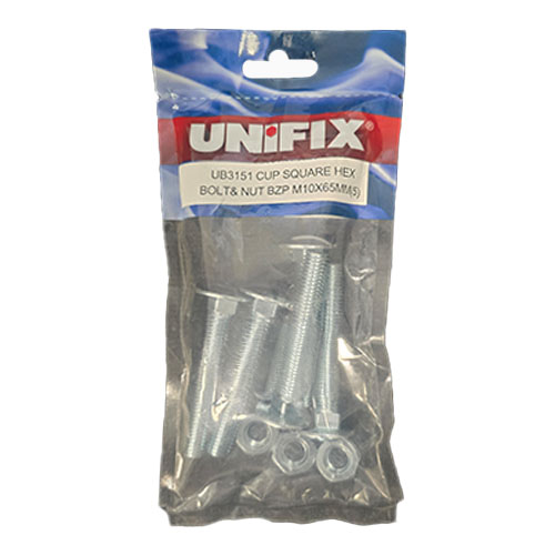 Unifix Square Hex Bolt & Nut M10 x 65mm (pk 5)